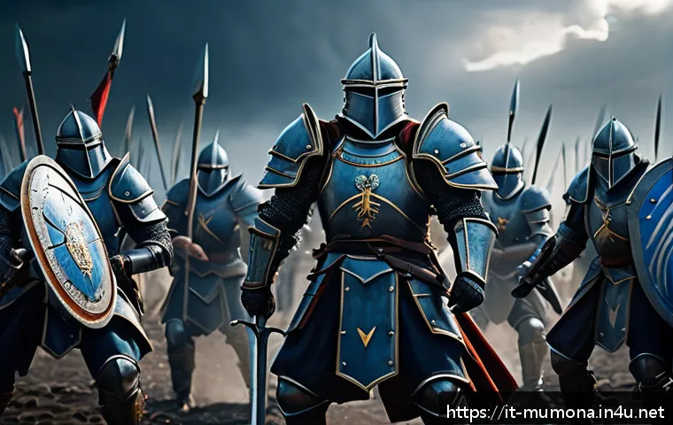 뮤 모나크 소환 시스템 상세 정보 - A dynamic battlefield scene depicting a strategic fantasy game setting with summoned defensive units...
