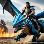 뮤 모나크 탈것 종류와 능력 - A dynamic fantasy battle scene featuring a swift Thunder Dragon mount racing across a rugged battlef...