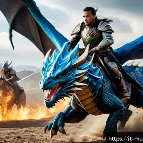 뮤 모나크 탈것 종류와 능력 - A dynamic fantasy battle scene featuring a swift Thunder Dragon mount racing across a rugged battlef...