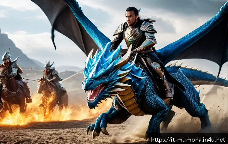 뮤 모나크 탈것 종류와 능력 - A dynamic fantasy battle scene featuring a swift Thunder Dragon mount racing across a rugged battlef...