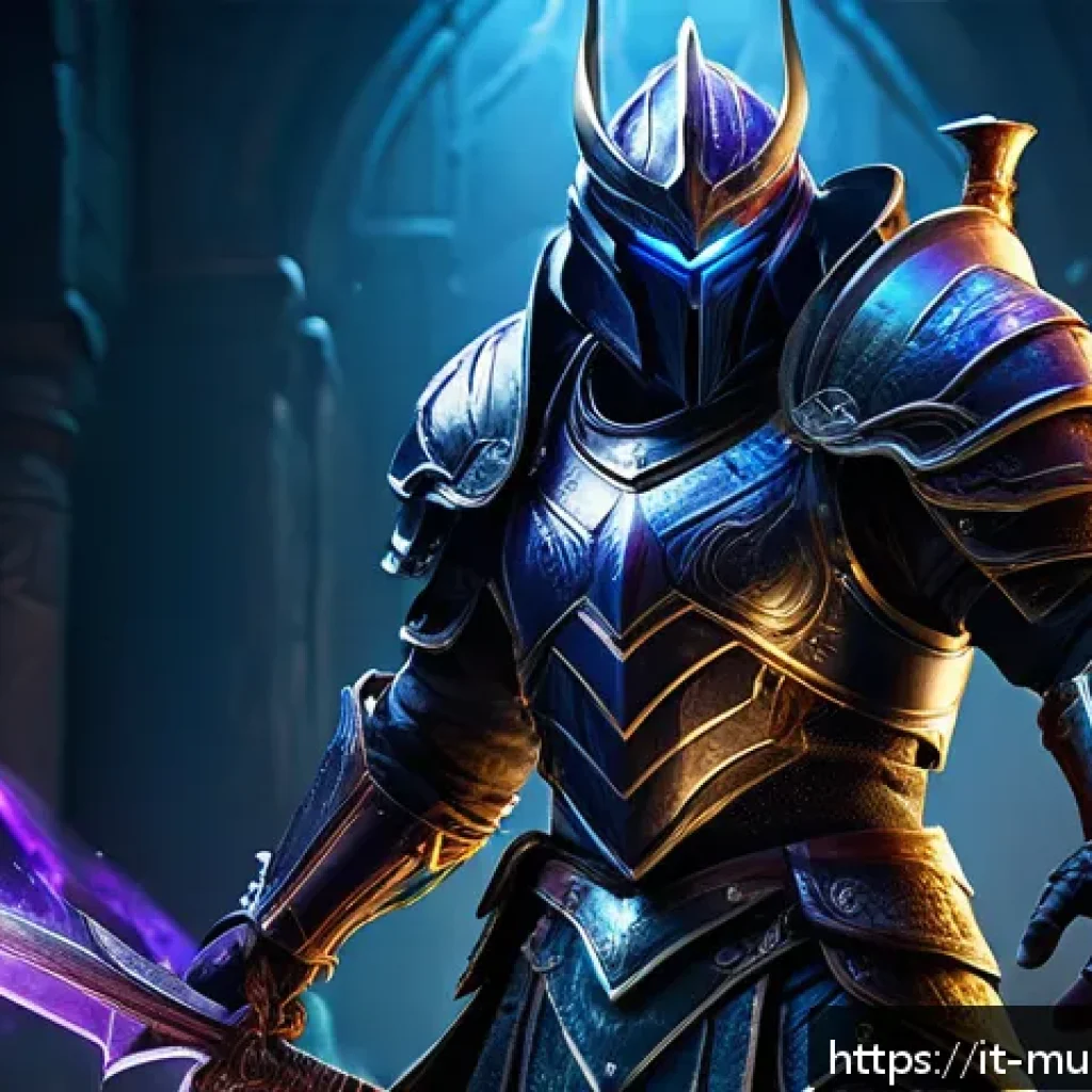 뮤 모나크 크리티컬 데미지 증가법 - A highly detailed fantasy warrior equipped with legendary armor and a glowing, enchanted sword, stan...
