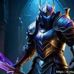 뮤 모나크 크리티컬 데미지 증가법 - A highly detailed fantasy warrior equipped with legendary armor and a glowing, enchanted sword, stan...