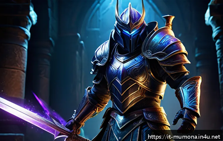 뮤 모나크 크리티컬 데미지 증가법 - A highly detailed fantasy warrior equipped with legendary armor and a glowing, enchanted sword, stan...