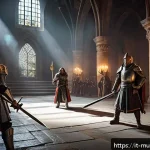 뮤 모나크 보스 레이드 예약법 - A detailed fantasy raid group preparing for a boss battle inside a grand medieval castle hall, featu...