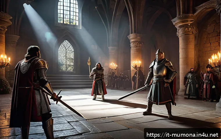 뮤 모나크 보스 레이드 예약법 - A detailed fantasy raid group preparing for a boss battle inside a grand medieval castle hall, featu...