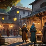 뮤 모나크 NPC 퀘스트 숨은 보상 - A detailed fantasy RPG scene featuring a diverse group of NPC characters in an ancient village squar...