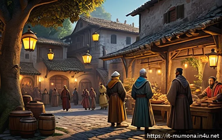 뮤 모나크 NPC 퀘스트 숨은 보상 - A detailed fantasy RPG scene featuring a diverse group of NPC characters in an ancient village squar...