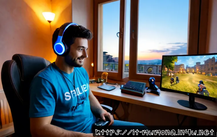 뮤 모나크 서버별 플레이어 특징 - Photorealistic Italian gamer in a cozy Rome apartment at dusk, relaxed adult player wearing casual c...