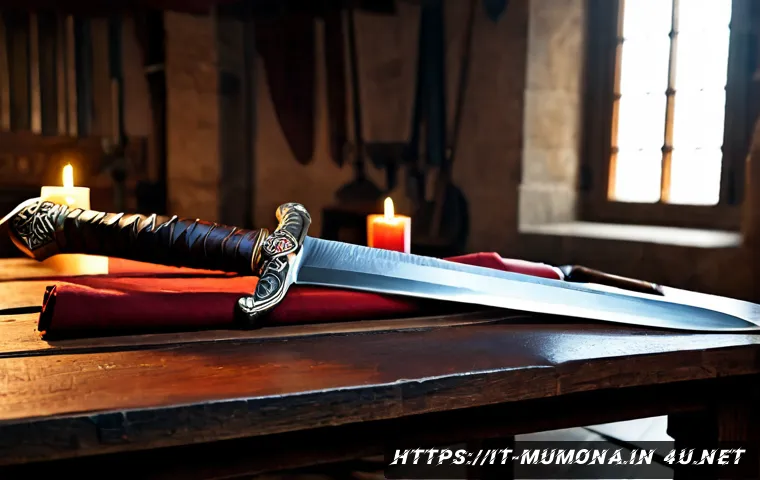뮤 모나크 공격력 증가 장비 - Photorealistic fantasy game equipment upgrade scene, an ornate steel sword, reinforced leather glove...